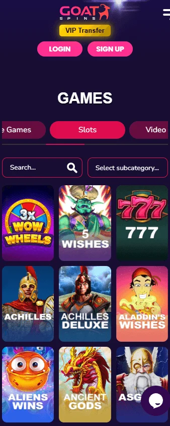 Goat Spins Casino games area on a mobile phone