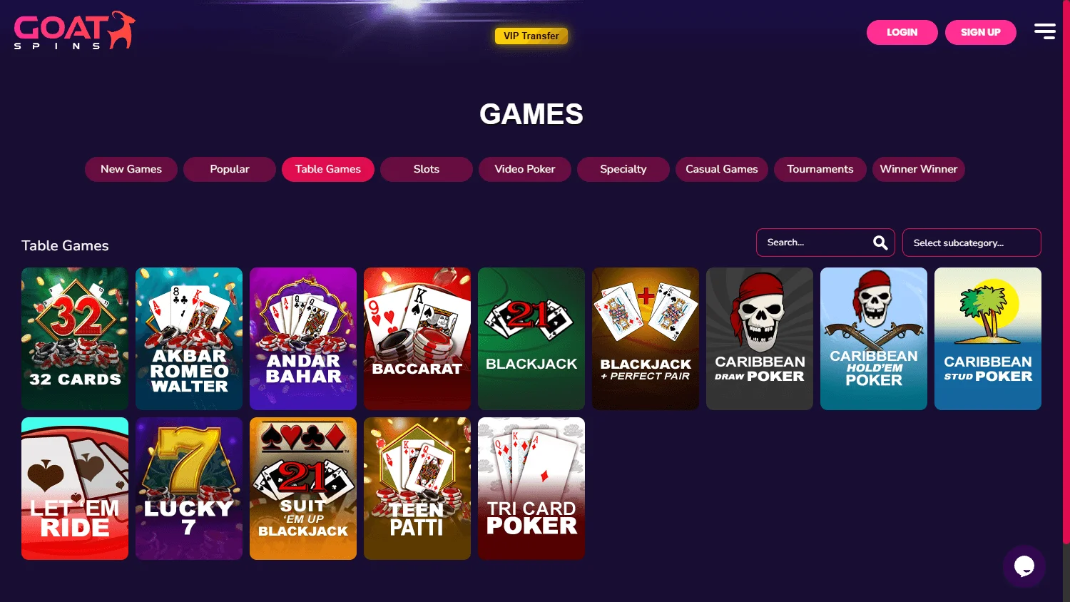 Goat Spins Casino games area on desktop