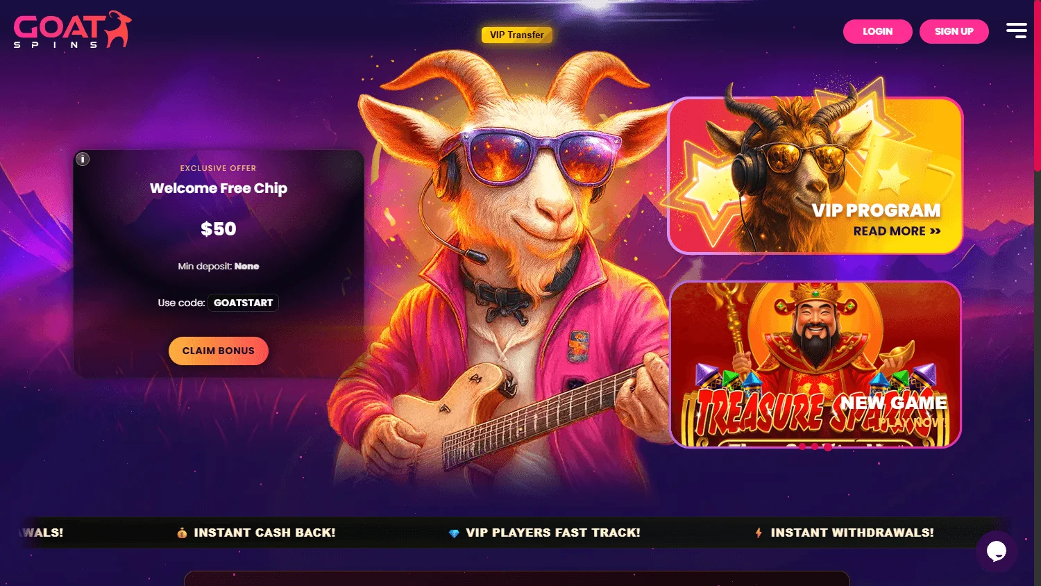 Goat Spins Casino home screen on desktop