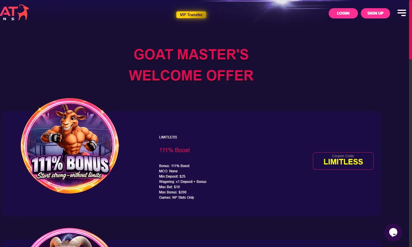 Goat Spins Casino promotions area on desktop